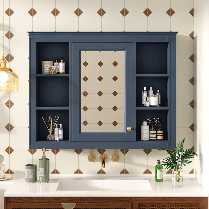 Armoire de salle de bain murale avec miroir, 35 po x 27,5 po, et tablettes réglables, armoire à finition bleue, intérieur spacieux, fixation moderne