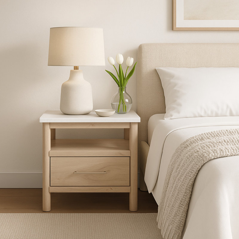 Table de chevet Mooran, 1 tiroir avec USB, plateau en marbre blanc, Beige brun