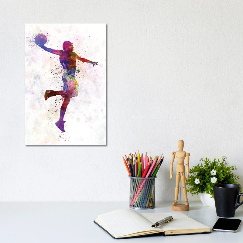 Young Man Basketball Player One Hand Slam Dunk by Paul Rommer - Painting on Canvas, Wrapped Canvas, 20.32 cm H x 30.48 cm W