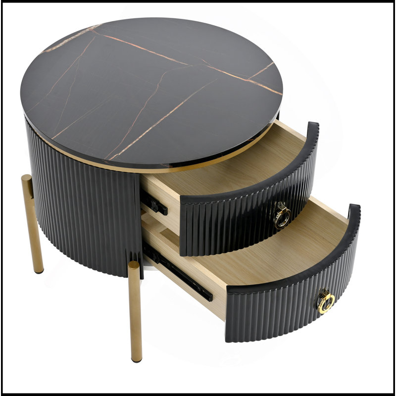Élégante table de bout ronde avec rangement et pieds réglables pour une utilisation polyvalente