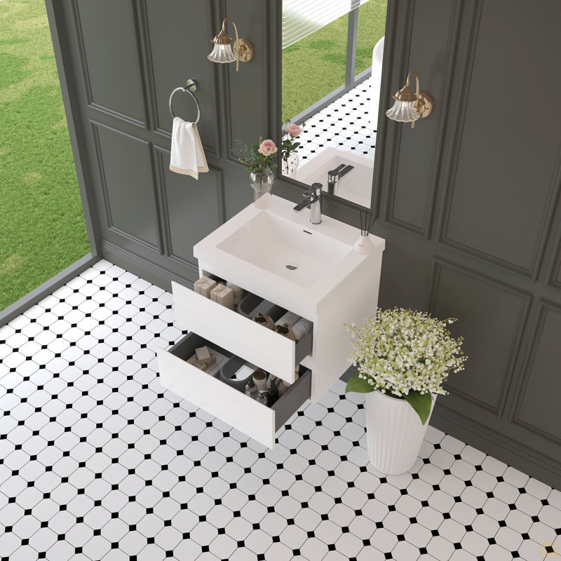 Meuble-lavabo flottant 24 po avec lavabo, meuble-lavabo mural avec lavabo à surface solide et tiroirs à fermeture en douceur 24 po