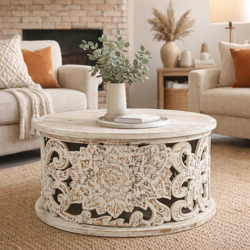 Hadlei Coffee Table Handcrafted Mango Wood Floral Carved Cut Out Design Distressed White Finish 33 Inch