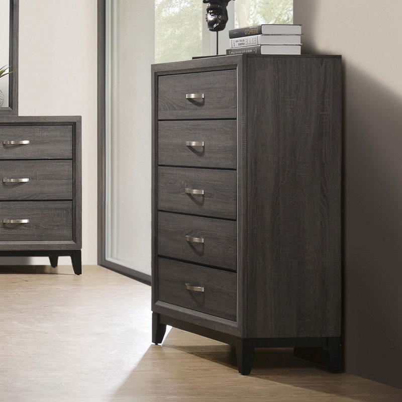 Mobilier de chambre à coucher style contemporain à deux tons avec pieds en bois et barre de nickel, Brun