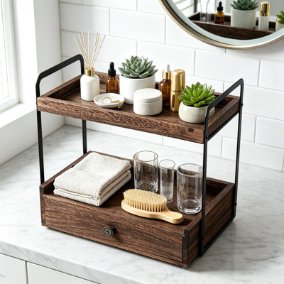 Organisateur de comptoir de salle de bain à deux niveaux avec tiroir, organisateur de meuble-lavabo en bois pour le maquillage, les parfums, les cosmétiques et les soins de la peau, tablette de comptoir pour la cuisine et les toilettes