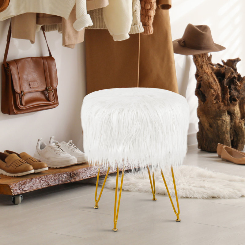 Aloe Upholstered Ottoman, Beige Faux Fur