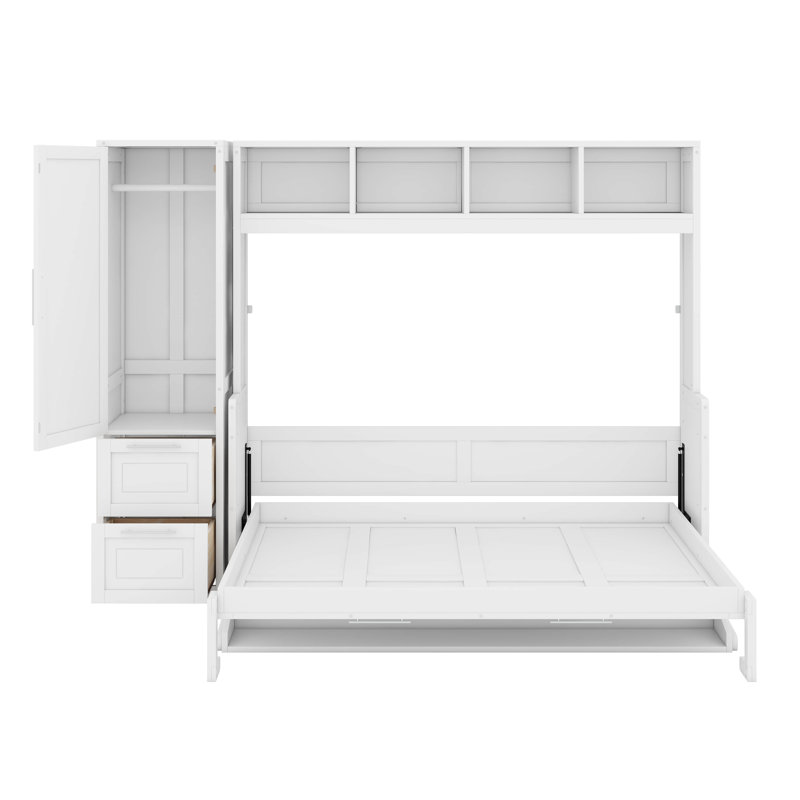 Grand lit escamotable avec placard et tiroirs, Blanc