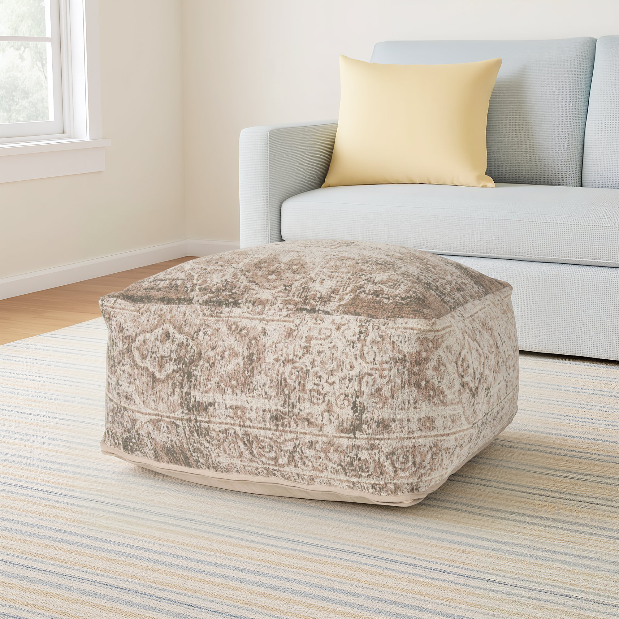 Katya Upholstered Pouf, Taupe Cotton Blend