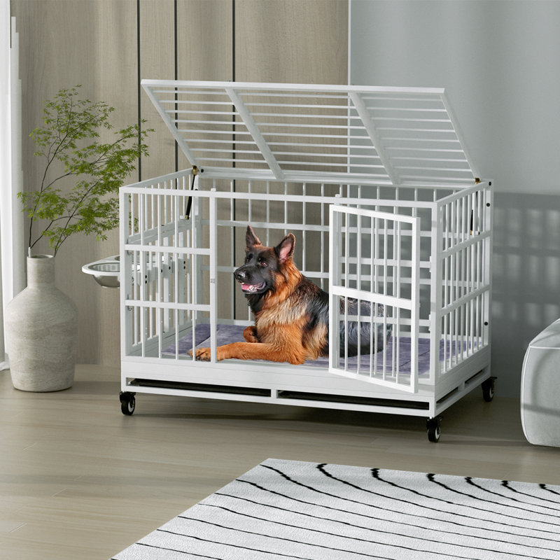 Extra Large White Rolling Metal Dog Crate with Wheels