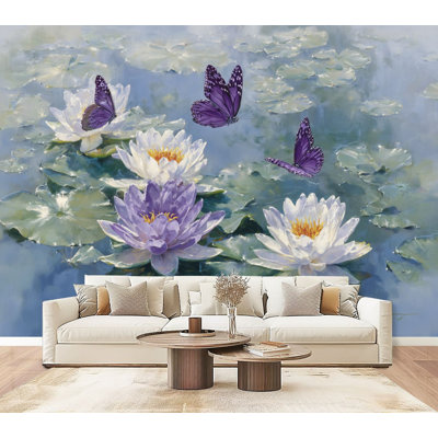 Papier peint adhésif floral avec papillons mauves Serene Water Pond