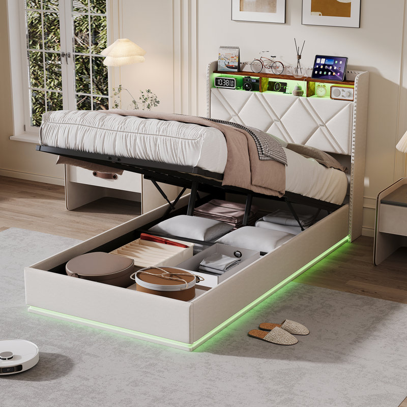 Upholstered Bed, European Single (90 x 200 cm), Beige