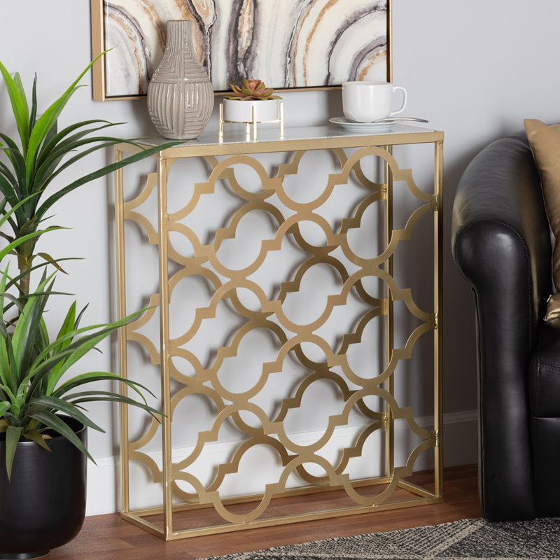 Menasseh Calanthe Modern And Contemporary Gold Finished Metal Console Table With Marble Tabletop