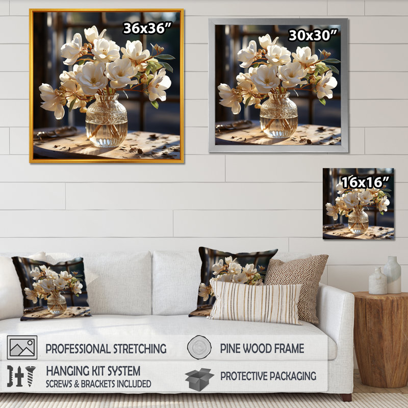 " Baroque Hydrangea White And Gold ", Silver Single Picture Framed, 30" H x 30" W x 1" D