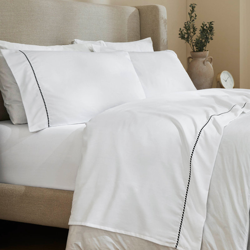 Ensemble de draps en coton mélangé à ourlet brodé 600 fils imperia, Noir / blanc
