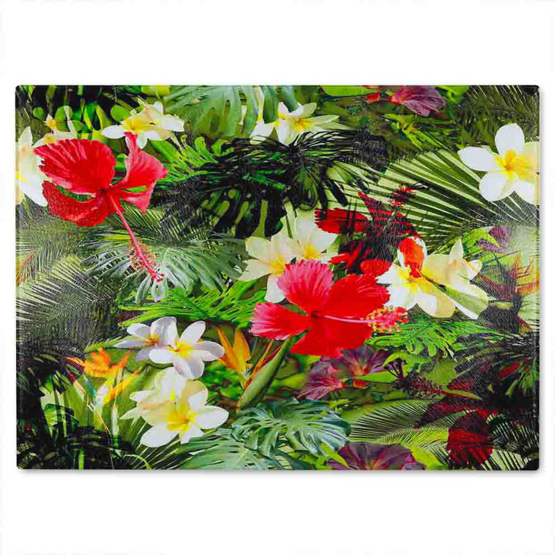 Tropical Foliage Glass Chopping Board, 40cm L x 28cm W