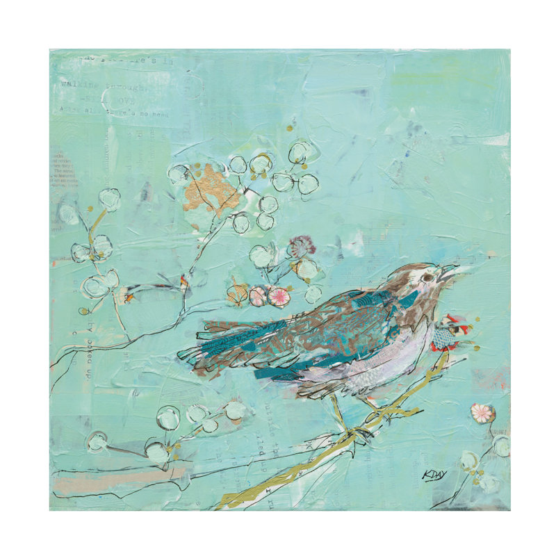 Teal and White Bird on Branch Canvas Art, 14 x 14 Inches
