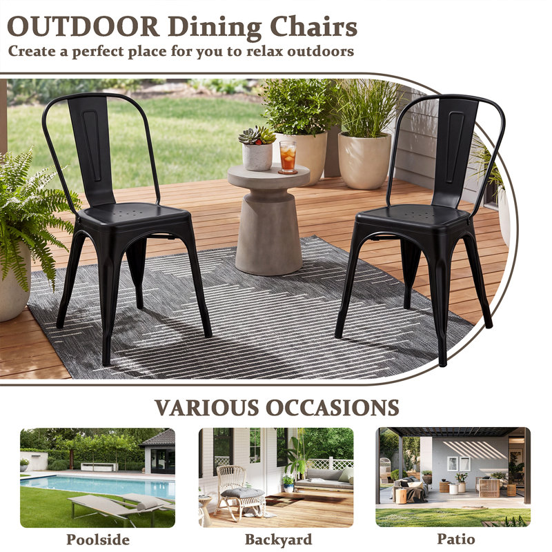 45cm Stackable Black Metal Patio Chairs, Industrial Tolix‑Style Side Chairs for Kitchen Patio Bistro