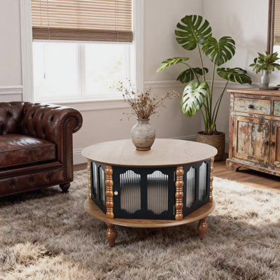 Table basse 31,5 pouces ronde à trois portes avec rangement, table basse moderne en placage de bois véritable, idéale pour les salons, les appartements ou les bureaux, idéale pour les petits espaces, couleur noire et noyer