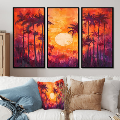 Coucher de soleil sur les palmiers en Californie - palmiers, art mural - ensemble de 3