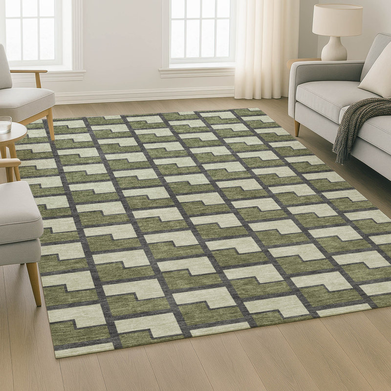 Tapis géométrique lavable à la machine de qualité supérieure Mayfield AMF2416, Olive, 9 pi x 12 pi