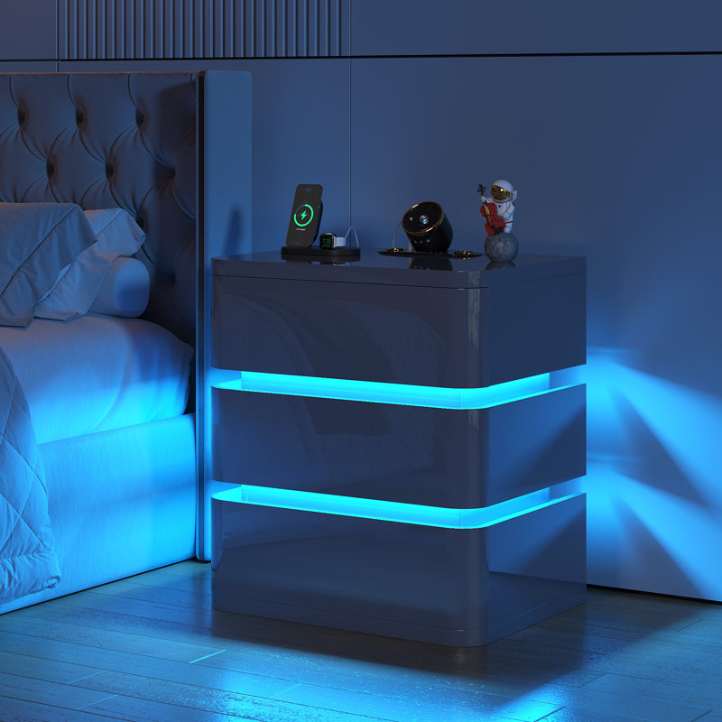 Fully Assembled 3-Drawer Nightstand with Charging Station and Motion Sensor RGB Light, Curved Profil, Grey