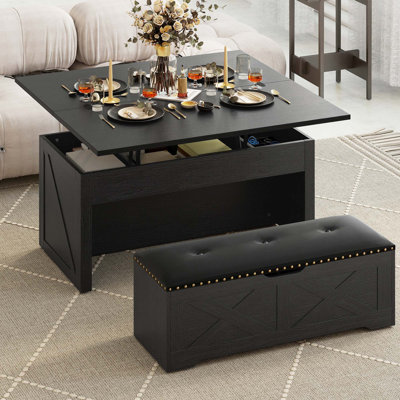 Lift-Top Coffee Table With Storage , Extendable Center Table Set With Ottoman Bench