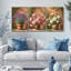 Ensemble de 3 tableaux sur toile tendue représentant un bouquet de roses lavande et de pivoines sur un mur de briques, idéal pour la décoration du salon, de la chambre ou de la maison.-1963125436