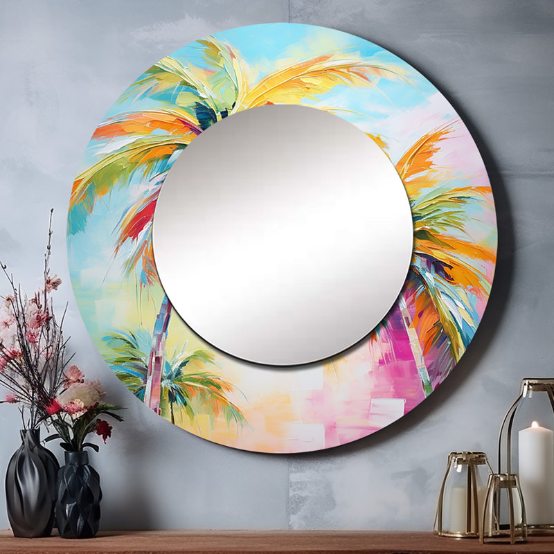 Popart Palm Trees III - Palms Decorative Wall Mirror, Traditional Large Round Mirror, Printed Metal Art, 23" x 23"