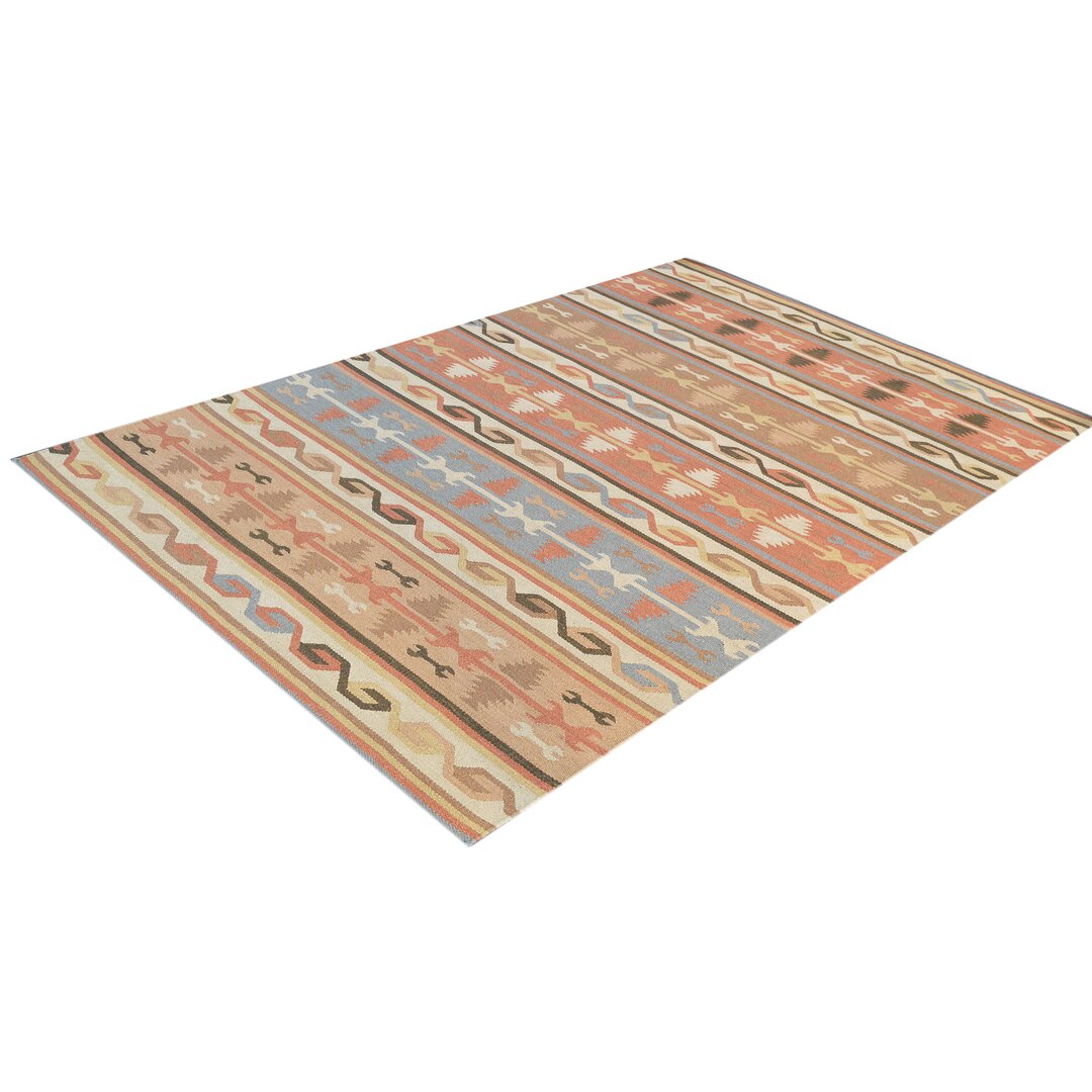 Handgefertigter Teppich Kilim aus Wolle in Braun/Pfirsich