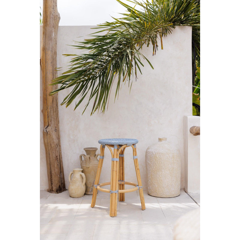 Bay Blue Backless Rattan Counter Stool – Handcrafted Bistro Kitchen Bar Seating