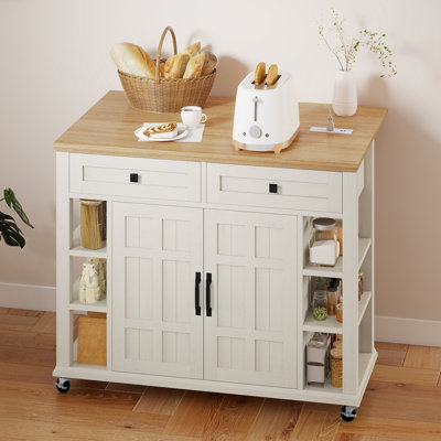  45" Kitchen Island With Drop Leaf & Power Outlet, Mobile Cart With 360° Casters, Storage Drawers For Kitchen Prep