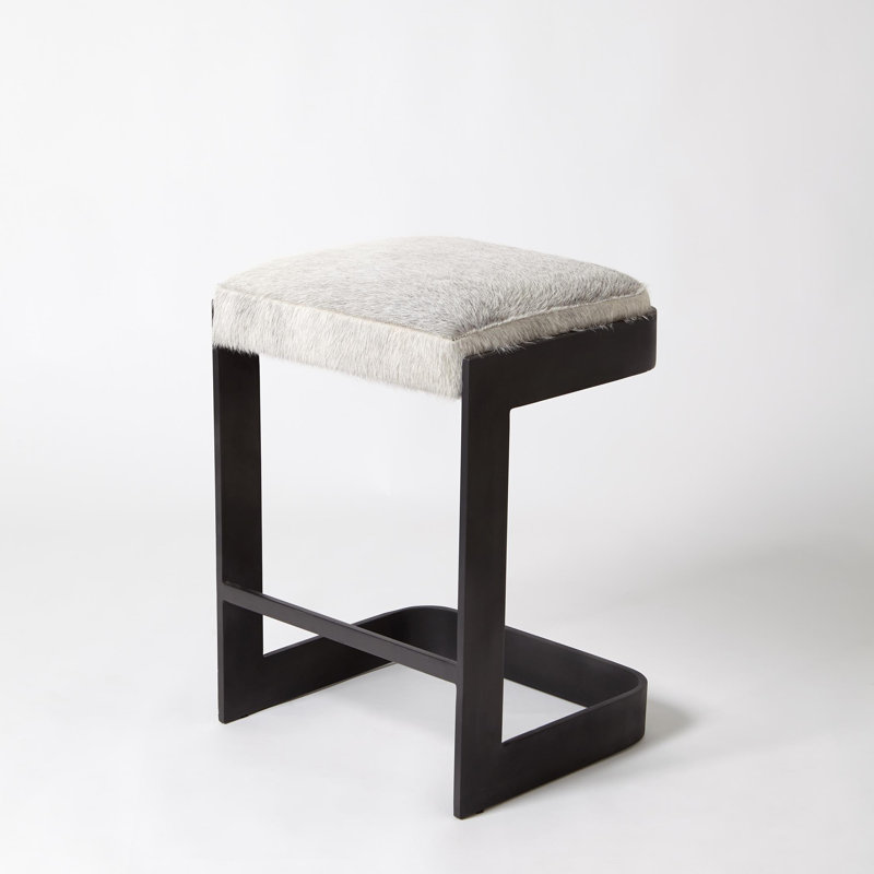 Regan Bar Stool w/Ivory Leather-Antique Brass, Counter Stool ( 25" Seat Height ), Graphite, Gray