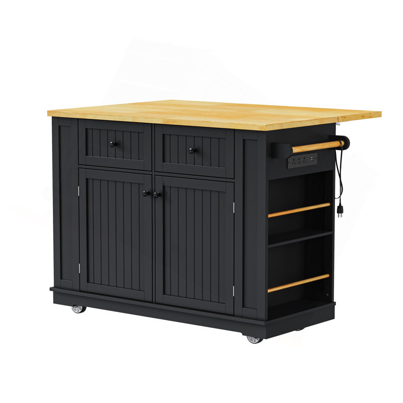 48 Inch Large Kitchen Island With Drop Leaf,Power Outlet,Internal Storage Rack,Rolling Kitchen Storage Cart On 5 Wheels With 5 Open Side Racks,For Kitchen,Dining Room(Not Include Stools)