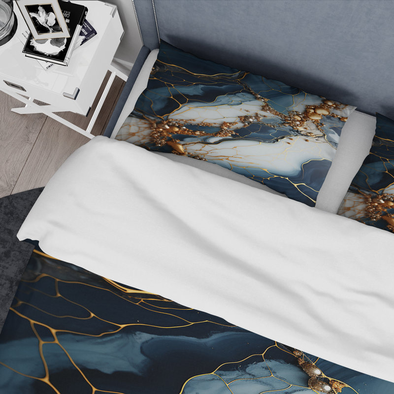 Ensemble de housse de couette Gold and Blue Geode Art III - Abstract, Housse de couette pour grand lit et 2 taies décor