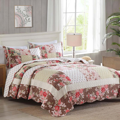 HoneiLife Crimson Blossom Park Cotton Handmade Patchwork 3-Piece Queen Size Quilt Sets