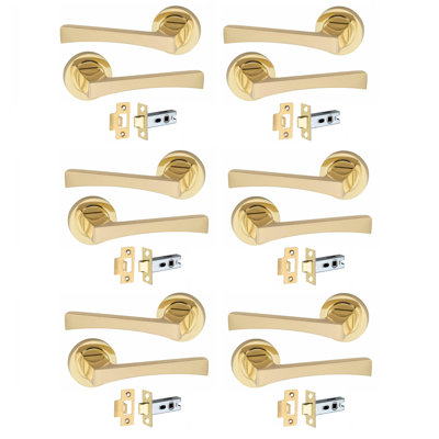  6 Pairs Wave Design Door Handles on Round Rose in Electro Brass Finish with 2.5" Tubular Latch - 52mm Diameter