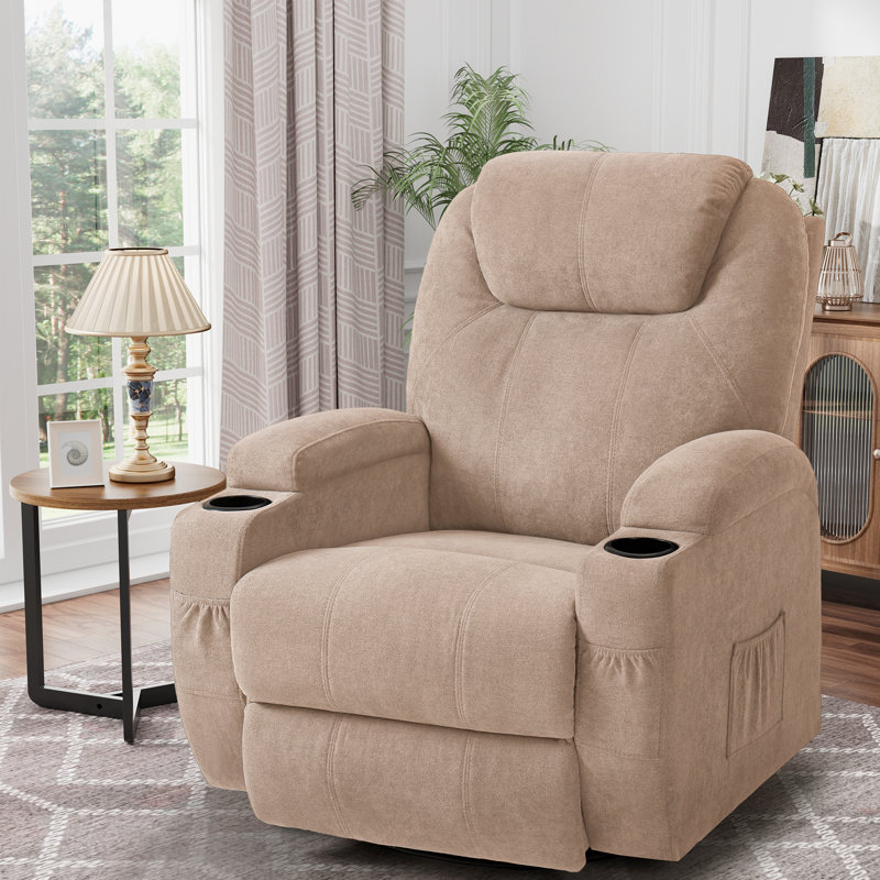 Fabric Rocking Chair with Massage, 360 Degree Swivel Sofa Seat with Drink Holder, Beige Canvas