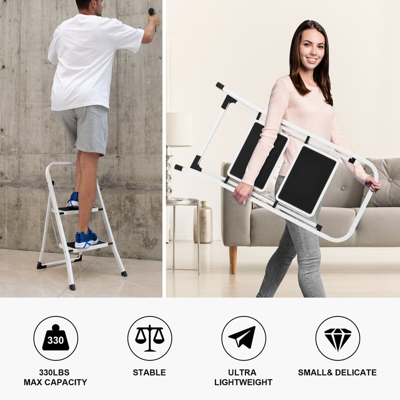2 Step Ladder, Folding Step Stool with Anti-Slip Pedal, Ladders with Convenient Handrails,330 lbs Capacity Step Stool for Kitchen, Home