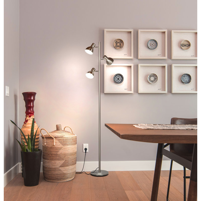 Ethan 65.5 in. Mid-Century Modern 3-Light 3-Way Dimming LED Floor Lamp with 3 Metal Cone Shades, Nickel