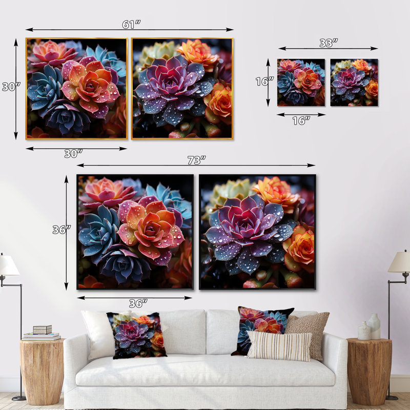 Colorful Succulents Come Alive - Succulent Square Collage, ensemble de 2, Cadre noir, H 16 po x l 33 po