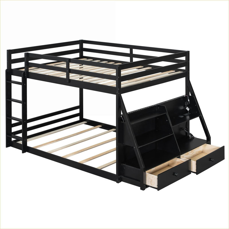 Structure de lit superposé classique noir pleine grandeur, fabrication en bois massif avec rangement, lumières DEL et ports USB