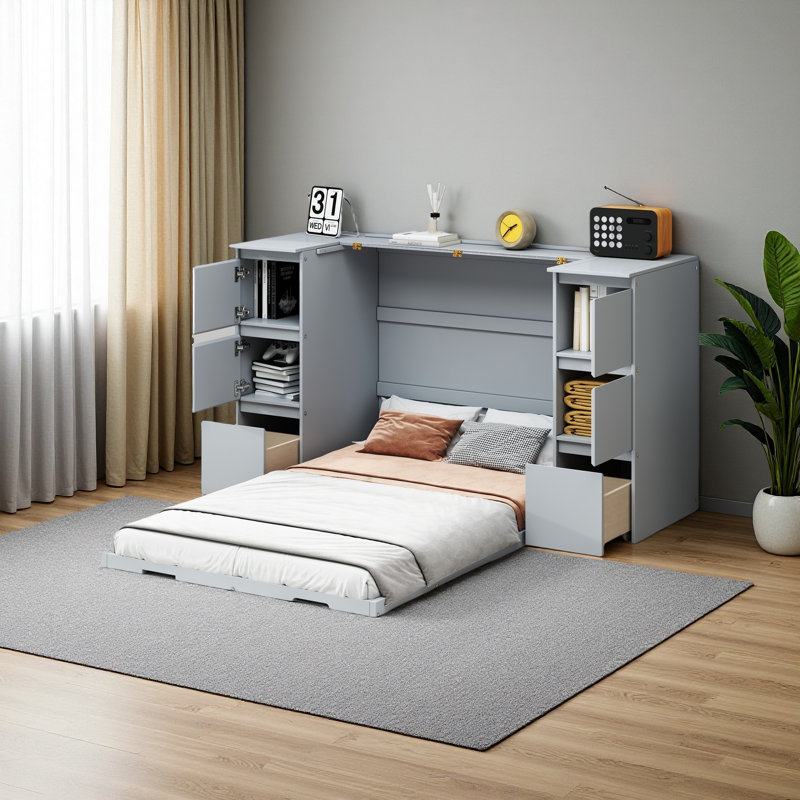Armoire lit escamotable avec chaise, bureau et tiroirs Murphy, Simple, Gris