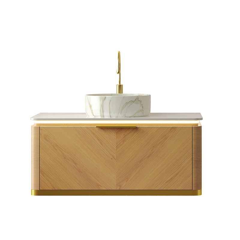 Meuble-lavabo de salle de bain 36 po DIPA, armoire de rangement en contreplaqué flottant, tiroir avec poignée et capteur de lumière, vasque en céramique blanche à motif de pierre et plateau en pierre frittée, pré-assemblé, grain de bois