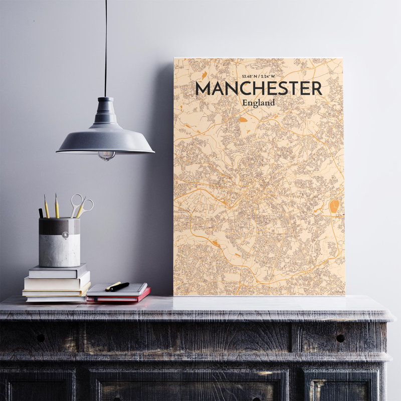 Manchester, Royaume-Uni, carte de la ville - ensemble d'imprimés non encadrés, H 27,6 po x l 19,7 po, Orange / or pâle
