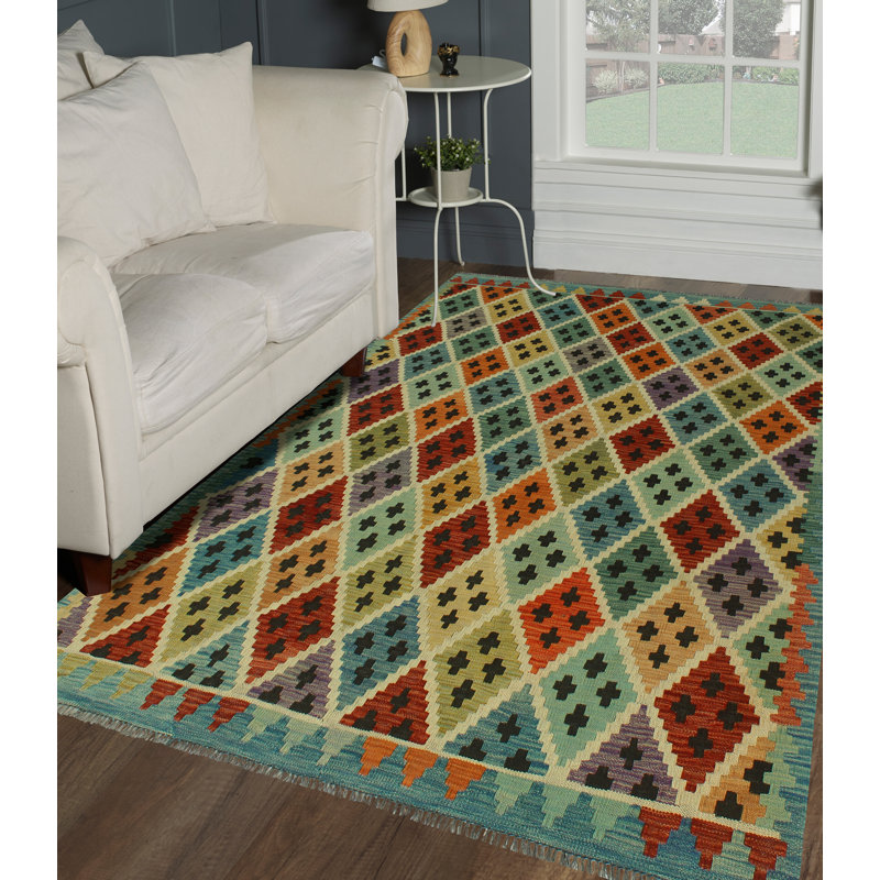 Tapis rouge / noir / vert en laine noué à la main de conception unique 5 pi 10 po x 6 pi 5 po Janaeya