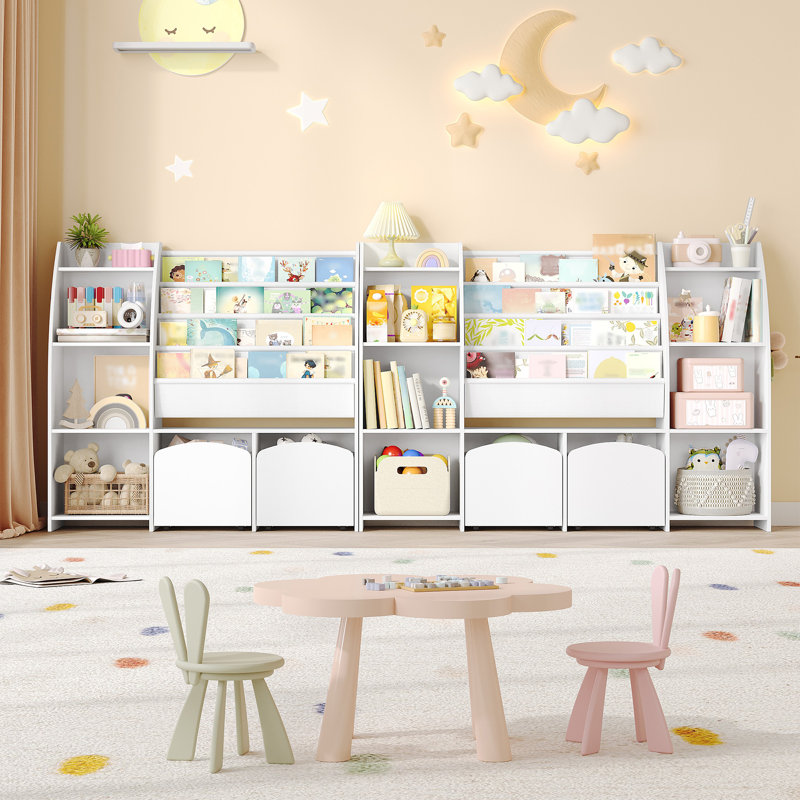 Toy Storage Organizer, 55" W Large Kids Bookshelf with 2 Movable Storage Bins, 4 Tier Front-Facing Book Display Organizer for Kids Playroom, Bedroom, Classroom, White