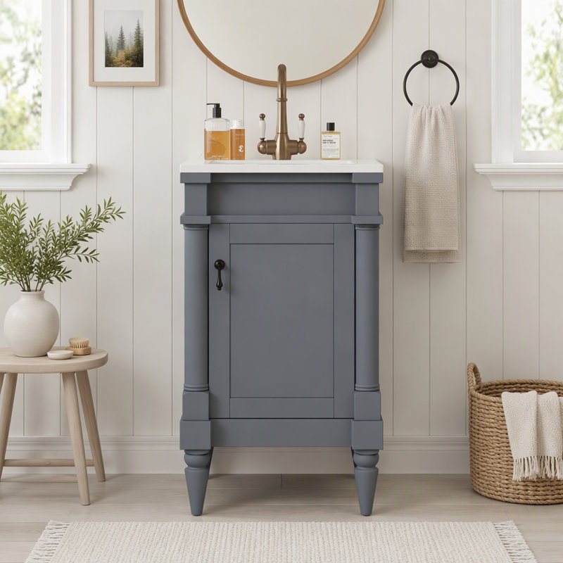 Meuble-lavabo de 45,7 cm (18 po) avec lavabo en céramique, meuble autoportant avec tablette réglable, structure en bois massif et MDF, style rétro, gris
