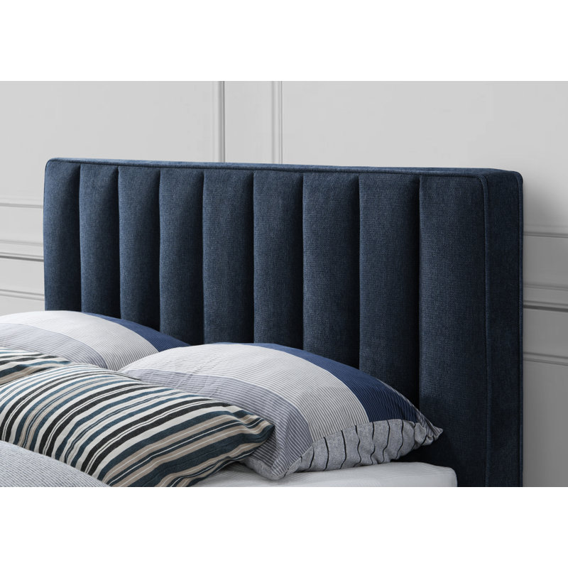 Lit plateforme tapissier Scholz, Grand lit, Tissu texturé en lin bleu marine