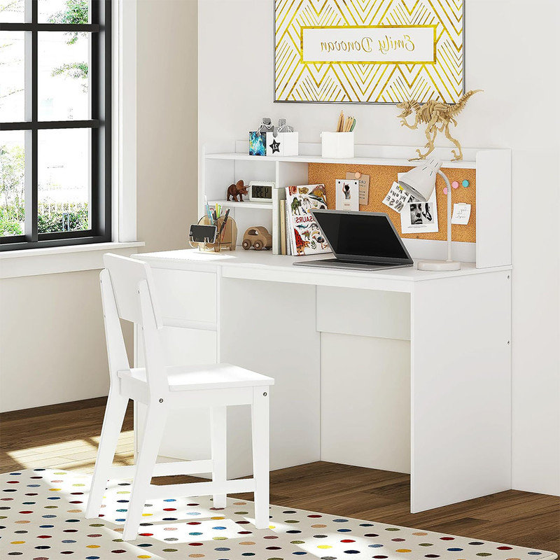 Kids Desk and Chair Sets with Hutch and Storage Cabinet, Wooden Children Study Table, Student Writing Desk Computer Workstation, White
