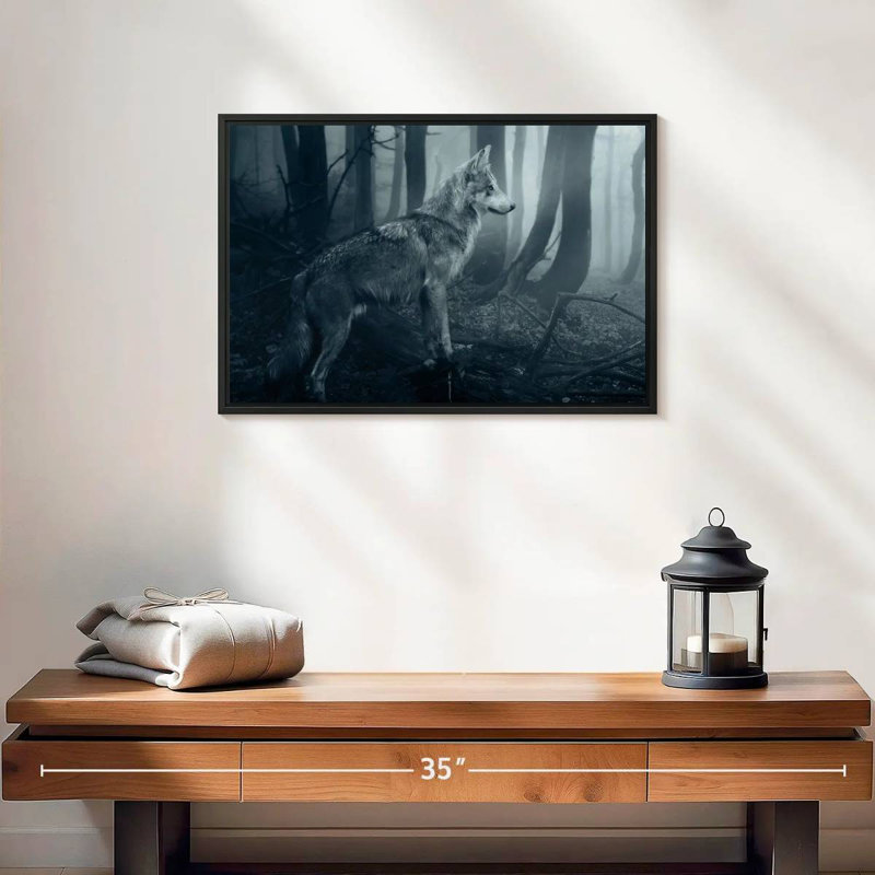 Loup gris, 19 po x 13 po, Cadre flottant noir