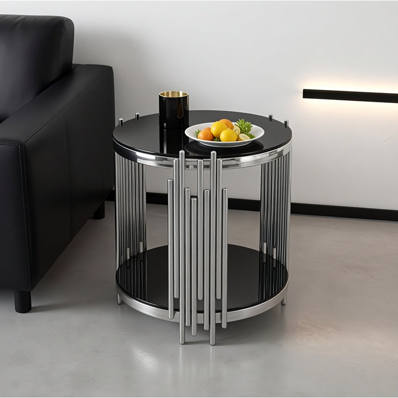 19.7" Round 2-Tier Glass End Table – Modern Luxury Side Table with Stainless Steel Frame & Clear Tempered Glass, Silver Finish, for Living Room/Home Office